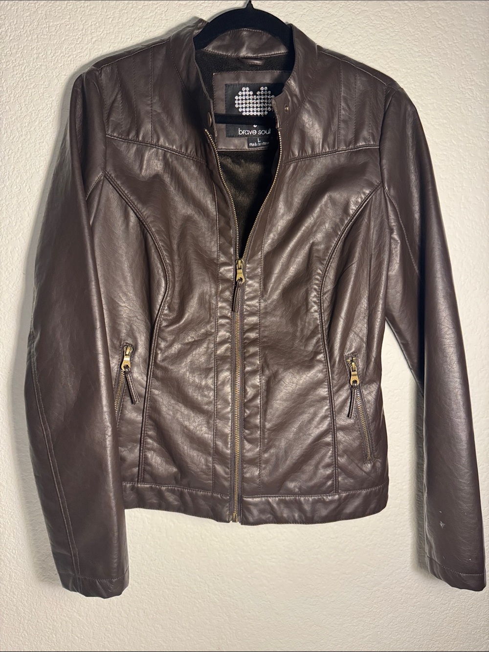 Brave Soul Brown Faux Leather Moto Jacket Large Fleece Lined Full Zip